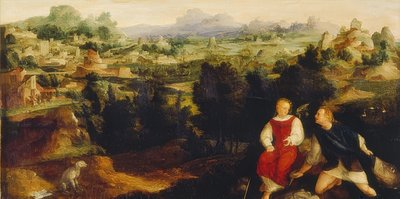 Tobias mit dem Engel in einer Landschaft von Jan van Scorel