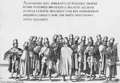 Gruppe von Trompetern bei der Trauerprozession von Kaiser Karl V., 1559 von Jan van and Doetechum Doetechum the elder