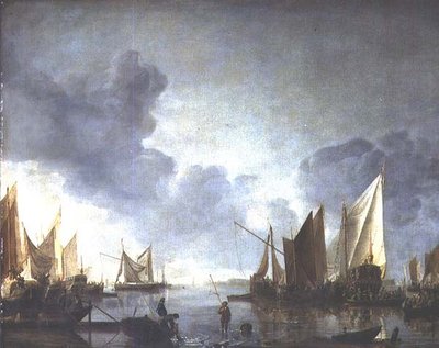 Eine ruhige Szene mit einem Würdenträger in einer Staatsbarke und Fischern im Vordergrund von Jan van de Capelle or Cappelle