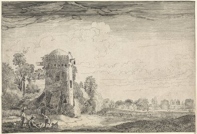 Jäger mit Hunden bei einem Turm in einer Landschaft von Jan van de Velde (II)