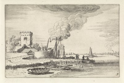 Landschaft mit einem Leuchtturm in einem Hafen von Jan van de Velde (II)