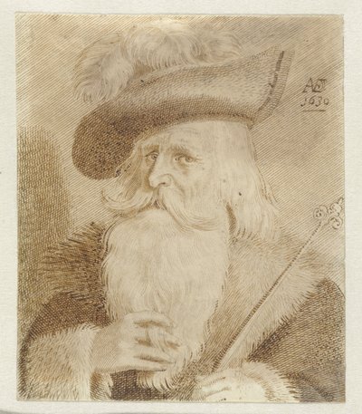 Mann mit Pelzkragen, Hut und Stab von Jan van de Velde (II)