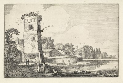 Fähre mit Schafen bei einem Turm in einer Flusslandschaft von Jan van de Velde (II)