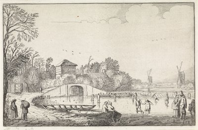Winterlandschaft mit Schlittschuhläufern bei einer Brücke von Jan van de Velde (II)