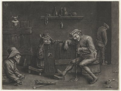 Interieur mit urinierendem Mann, erbrechendem Mann, einem Zwerg und einem Bettler von Jan van der Bruggen