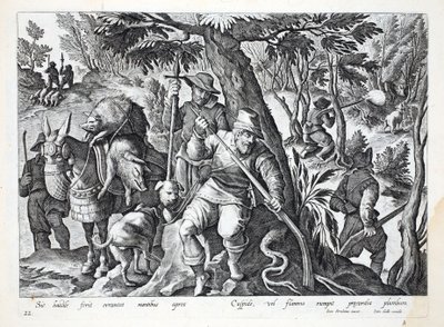 Jäger verwenden Speere oder mit Blei geladene Gewehre, um Bergschweine zu jagen, Illustration aus 