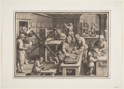 Gravur auf Metall; Graveure auf einem Schiff von Jan van der Straet, called Stradanus