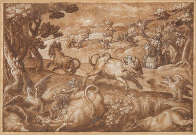 Männer jagen Bullen mit Adlern von Jan van der Straet, called Stradanus