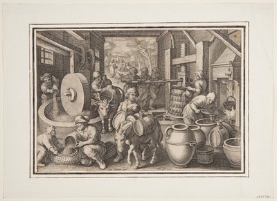 Oleum Olivarum (Die Produktion von Olivenöl), Tafel 12 in der Nova Reperta (Neue Erfindungen der Neuzeit) von Jan van der Straet, called Stradanus
