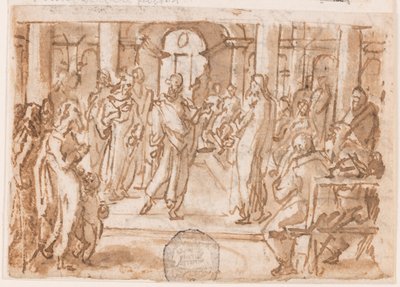 Petrus und Johannes werden vom Hohen Rat befragt, Vorentwurf für "Spiritus Scientiae" (Der Geist der Wissenschaft), Platte 5 in der Druckserie "Die sieben Gaben des Heiligen Geistes" von Jan van der Straet, called Stradanus