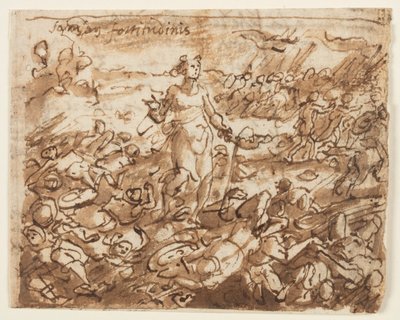 Recto: Samson, der die Philister besiegt hat, trinkt Wasser aus dem Kieferknochen eines Esels, Vorentwurf für "Spiritus Fortitudines" (Der Geist der Stärke), Platte 4 in der Druckserie "Die sieben Gaben des Heiligen Geistes". Verso: verdeckte Inschrift von Jan van der Straet, called Stradanus