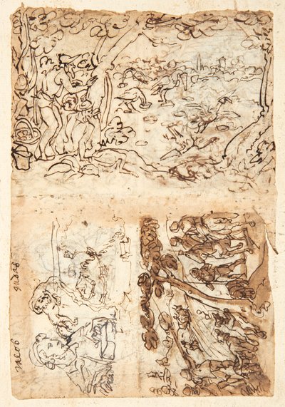 Recto, oben: Kranichjagd mit Kegeln; Unten, links: Jakob, Halbfigur; Löwe mit Augenbinde; Karte einer Festung; Unten rechts: Fuchsjagd. Verso, oben links: Starlingjagd; unten links: Löwenjagd mit Fackeln und Netzen; rechts: Halbfiguren von Jan van der Straet, called Stradanus