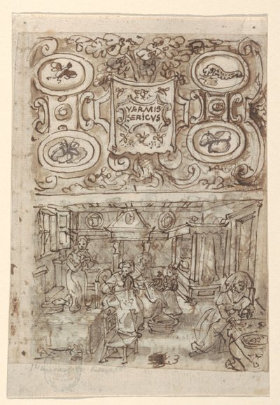 Vorentwurf für Titelblatt zu Vermis Sericus ("Die Einführung des Seidenwurms") Druckserie; Vorentwurf für pl. 3 (Die Inkubation der Seidenwurmeier) von Jan van der Straet, called Stradanus