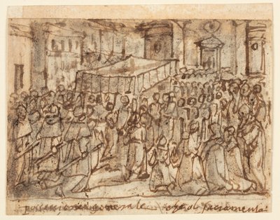Skizzenbuchseite mit Prozession mit der Hostie und Pontifikalmesse von Jan van der Straet, called Stradanus