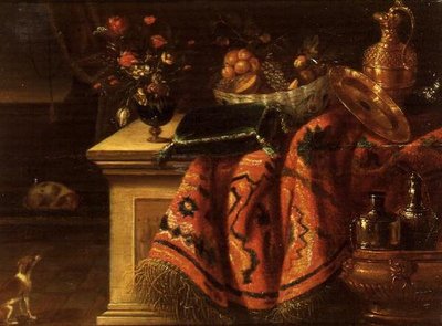 Ein Stillleben mit einer Vase mit Blumen, Obst in einer Schale, einem vergoldeten Silberkrug und Teller & einem Kissen von Jan van the Elder (follower of) Kessel