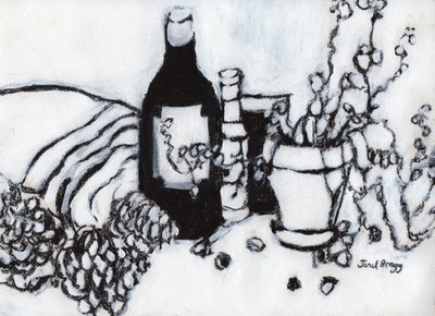 Stillleben mit Olivenöl und Kiefernzapfen, um 2017 von Janel Bragg