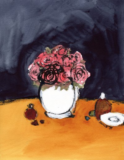 Stillleben mit Rosen und Parfümflaschen, ca. 2020 von Janel Bragg
