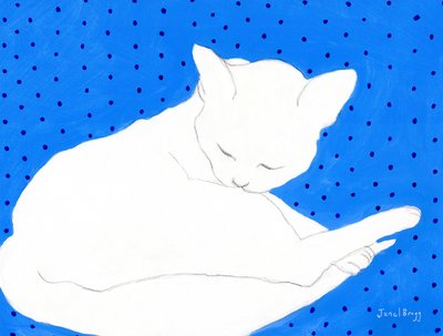 Weiße Katze auf Blau mit Punkten, ca. 2024 von Janel Bragg