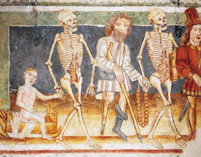 Hrastovlje befestigte Kirche, Dreifaltigkeitskirche, Tod begleitet Kind und Arme, Totentanz (1490), Detail aus Fresken von Janez Iz Kastva (1490), Slowenien von Janez Kastav