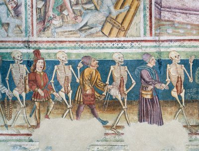 Hrastovlje Wehrkirche, Dreifaltigkeitskirche, Tod begleitet Kaufmann und wohlhabenden Banker, Totentanz (1490), Detail aus Fresken von Janez Iz Kastva, Slowenien von Janez Kastav