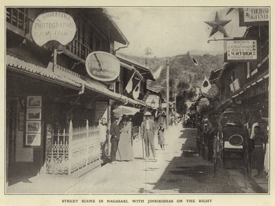 Straßenszene in Nagasaki, mit Jinrikishas rechts von Japanese Photographer