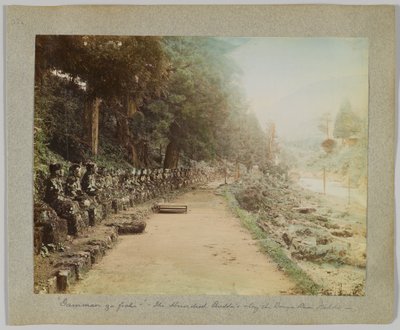 Die Hundert Buddhas entlang des Daiya-Flusses, Nikko, Japan (handkoloriertes s/w Foto) von Japanese Photographer