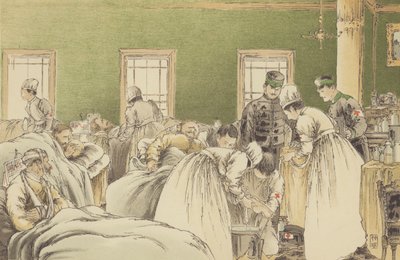 Versorgung der russischen Verwundeten im provisorischen Krankenhaus der Japanischen Rotkreuzgesellschaft in Chemulpo von Japanese School