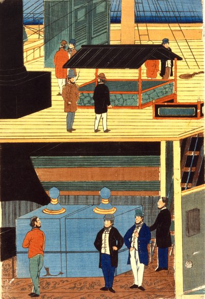 Querschnitt eines europäischen Schiffes zeigt Männer in europäischer Kleidung auf dem Deck und Männer auf dem unteren Deck: Yokohama, Japan von Japanese School