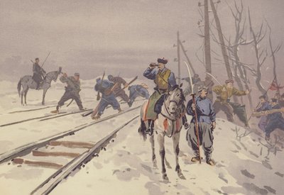 Zerstörung der Mandschurischen Eisenbahn durch eine Bande von Hunhutse-Räubern von Japanese School