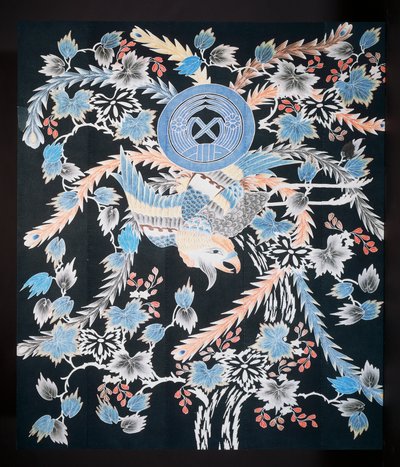 Futonji-Bettdecke mit Motiven von Phönix, Paulownia und Narzissen, Baumwolle, Indigo, Pigment und Tinte von Japanese School