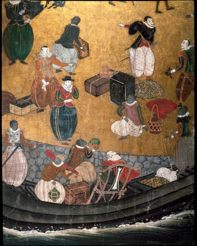 „Portugiesischer“ Bildschirm, der die Ankunft portugiesischer Jesuitenmissionare in Japan im 16. Jahrhundert darstellt - 1590-1614 - Detail, das die Verladung von Lebensmitteln darstellt - Namban-Schule von Japanese School