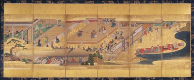 Sechsteiliges Paravent mit dem Noh-Spiel Funa-Benkei, ca. 1660 von Japanese School