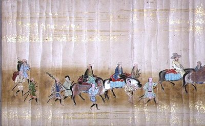 Sechste koreanische Gesandtschaft nach Japan in Meireki 1 zur Zeit der Nachfolge von Tokugawa Ietsuna im Jahr 1651, möglicherweise von Kano Masunobu (1625-94) (Rollbild) (Detail) von Japanese School
