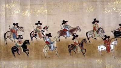 Sechste koreanische Gesandtschaft nach Japan in Meireki 1 zur Zeit der Nachfolge von Tokugawa Ietsuna im Jahr 1651, möglicherweise von Kano Masunobu (1625-94) (Rollbild) von Japanese School