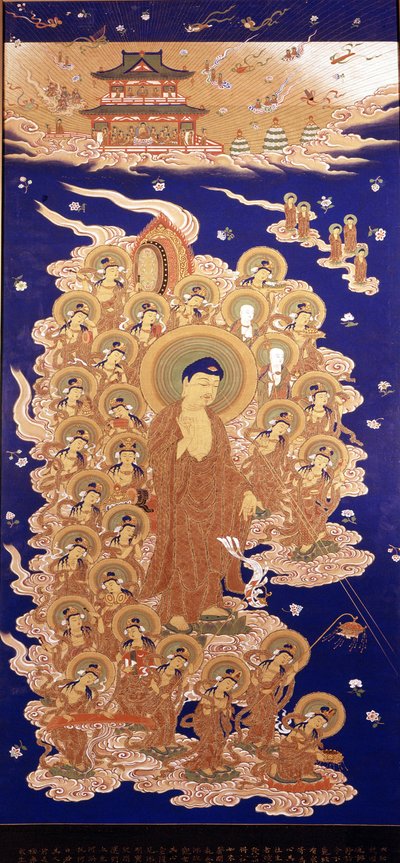 Der Amida Buddha steigt vom Himmel herab, es ist der japanische Name des Amitabha Buddha. Gemälde der Yamato-Schule - E des 16. Jahrhunderts. Genua, Museo Chiossone von Japanese School