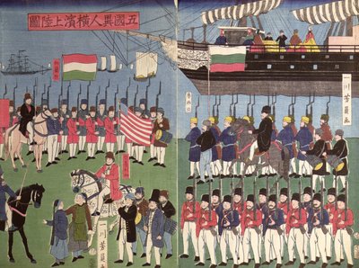 Die Ankunft des Geschwaders von Commodore Perry in einem japanischen Hafen im Jahr 1853 (Farbholzschnitt) von Japanese School