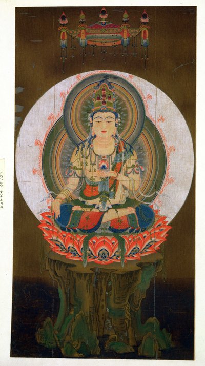 Der Bodhisattva Akashagarba hält das Cintamani (wunscherfüllendes) Juwel in der linken Hand und sitzt auf einer Lotusblume, Illustration nach einem Kakemono aus dem 9. Jahrhundert aus dem Tempel von Daigo von Japanese School