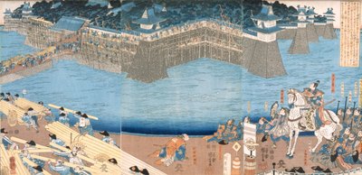Triptychon zeigt eine Festung, die am Fluss Kunigos gebaut wird, Edo-Periode 1603-1868 von Japanese School