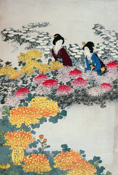 Frauen in einem blühenden Garten (Farbholzschnitt) von Japanese School