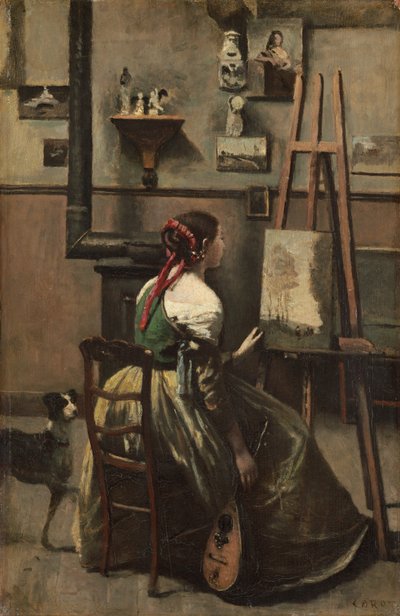Corots Atelier: Frau sitzt vor einer Staffelei, eine Mandoline in der Hand von Jean-Baptiste-Camille Corot