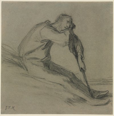 Sitzender Bauer, der sich auf eine Hacke stützt von Jean-Francois Millet