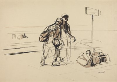 a) Zwei französische Soldaten in der Nähe eines Anschlagbretts (recto); b) Kindermädchen und Kinder mit Pferd oder Esel (verso) von Jean-Louis Forain