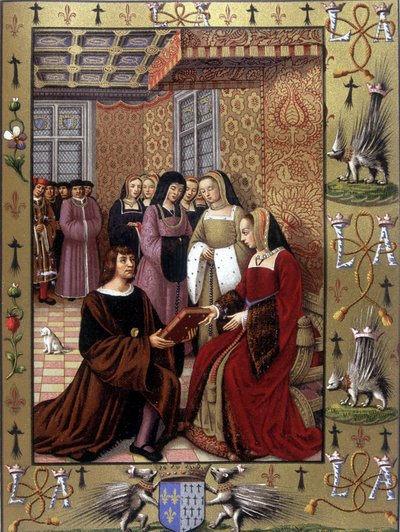 Jean Marot bietet sein Buch, Le Voyage de Genes, Königin Anne von Bretagne an Nach einer Beleuchtung von Jean Bourdichon, ca. 1508 von Jean (after) Bourdichon