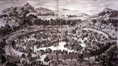 Tchao-Hoei in seinem Lager unterhalb der Mauern von Yerechim empfängt die Huldigung der Einwohner der Stadt und Provinz im Juli 1759, Tafel 4 aus der Serie von Drucken, die die Eroberungen von Qianlong, dem Kaiser von China, darstellen, gestochen von Pierr von Jean (d.1781) (after) Damascene