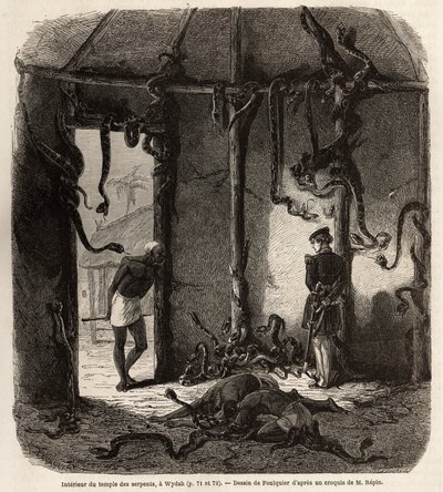 Im Inneren des Tempels der Fetisch-Schlangen, in Wydah, in Dahomey (heutiges Benin), Zeichnung von Jean Antoine Foulquier (1822-1896), zur Illustration der Reise von Dr. Repin nach Dahomey im Jahr 1860. Gravur in Le Tour du Monde, herausgegeben von Edouard von Jean Antoine Valentin Foulquier
