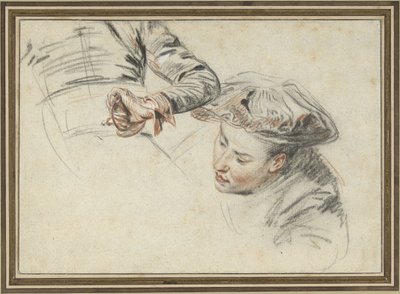 Männerkopf mit Barett und einer Hand an einem Griff von Jean Antoine Watteau
