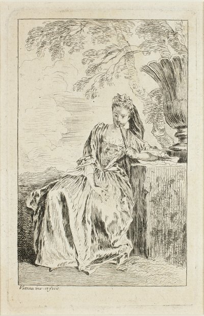 Sitzende Frau, die sich auf ein Podest lehnt von Jean Antoine Watteau