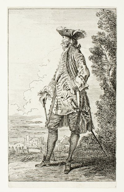 Stehender Mann mit Hut, nach links gewandt, aus Figures de Modes von Jean Antoine Watteau