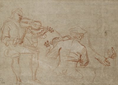 Studie von zwei Geigern und einem Paar Hände, die einen Arm halten von Jean Antoine Watteau