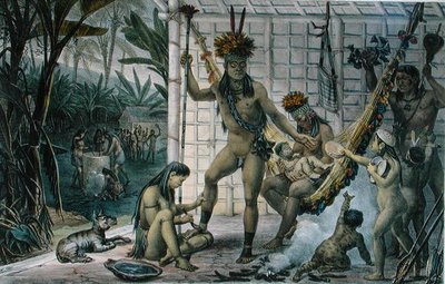 Familie eines Camacan-Indianerhäuptlings bereitet sich auf ein Fest vor, Illustration aus 